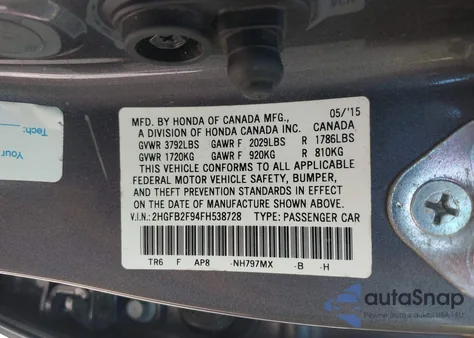 2015 Honda Civic Exl from USA, damaged, VIN 2HGFB2F94FH538728